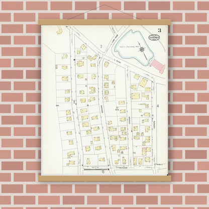 Old map wall art mockup — magnetic wood frame on brick wall — Sanborn Fire Insurance Map from Gardner, Worcester County, Massachusetts (1914), Sheet #0003