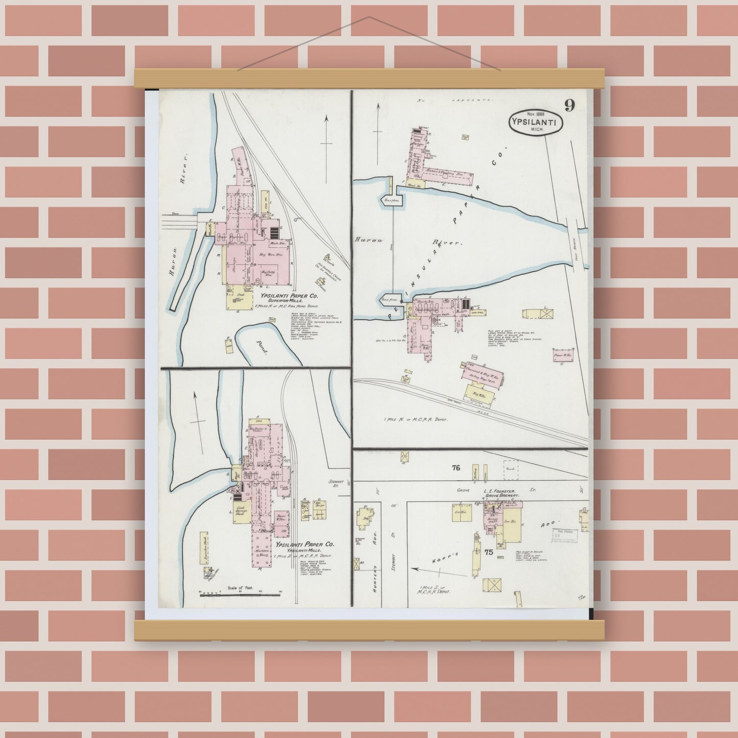 Old map wall art mockup — magnetic wood frame on brick wall — Sanborn Fire Insurance Map from Ypsilanti, Washtenaw County, Michigan (1888), Sheet #0009