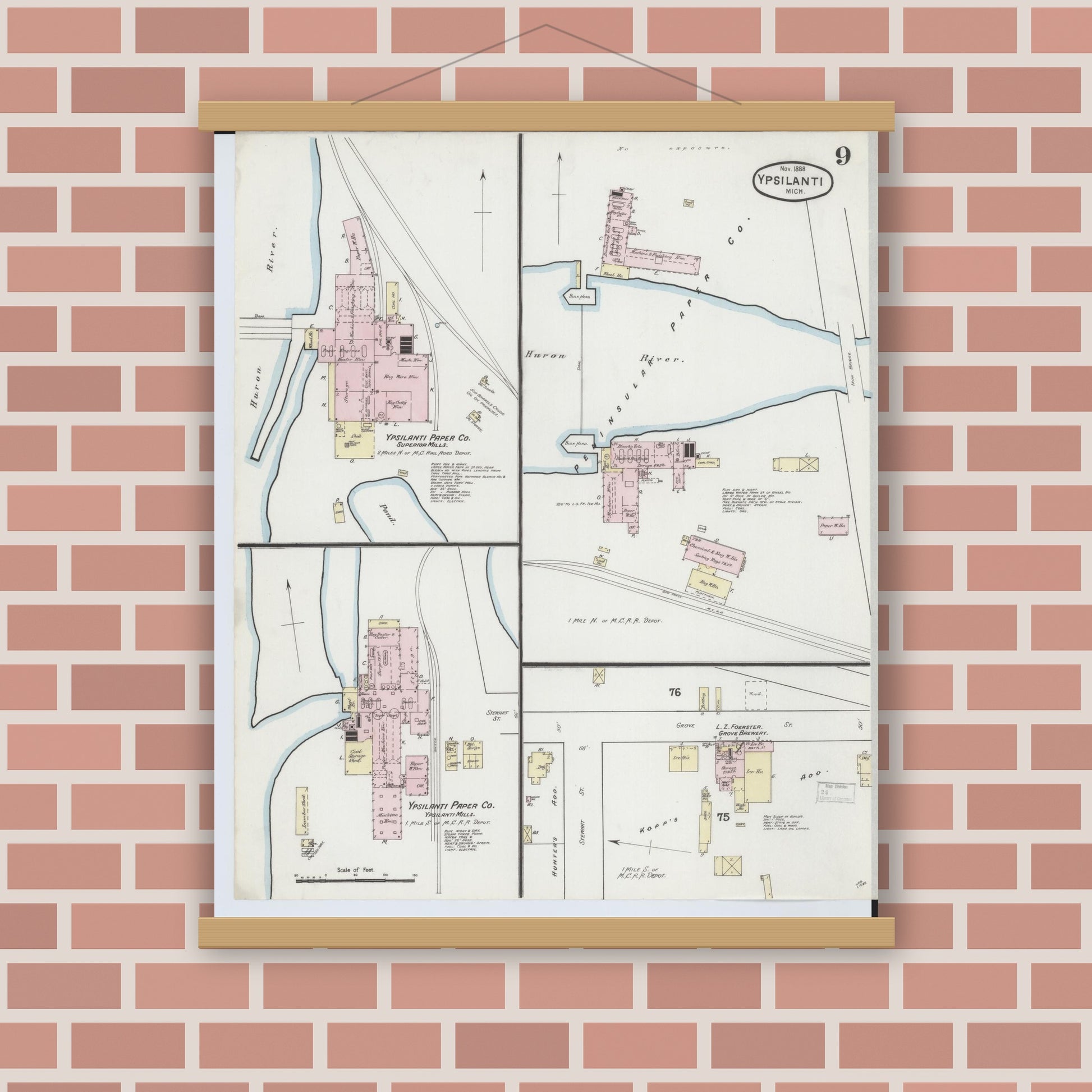 Old map wall art mockup — magnetic wood frame on brick wall — Sanborn Fire Insurance Map from Ypsilanti, Washtenaw County, Michigan (1888), Sheet #0009