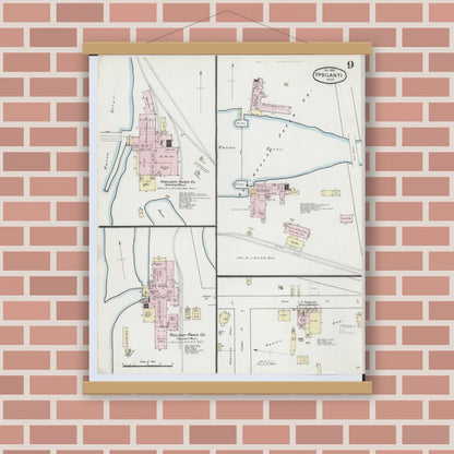 Old map wall art mockup — magnetic wood frame on brick wall — Sanborn Fire Insurance Map from Ypsilanti, Washtenaw County, Michigan (1888), Sheet #0009