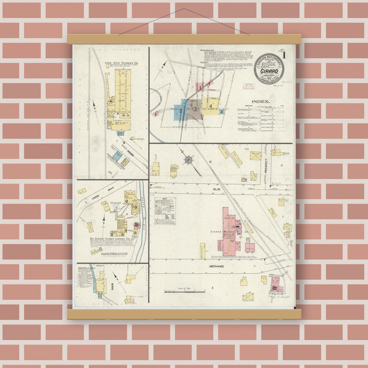 Old map wall art mockup — magnetic wood frame on brick wall — Sanborn Fire Insurance Map from Girard, Erie County, Pennsylvania (1912), Sheet #0001