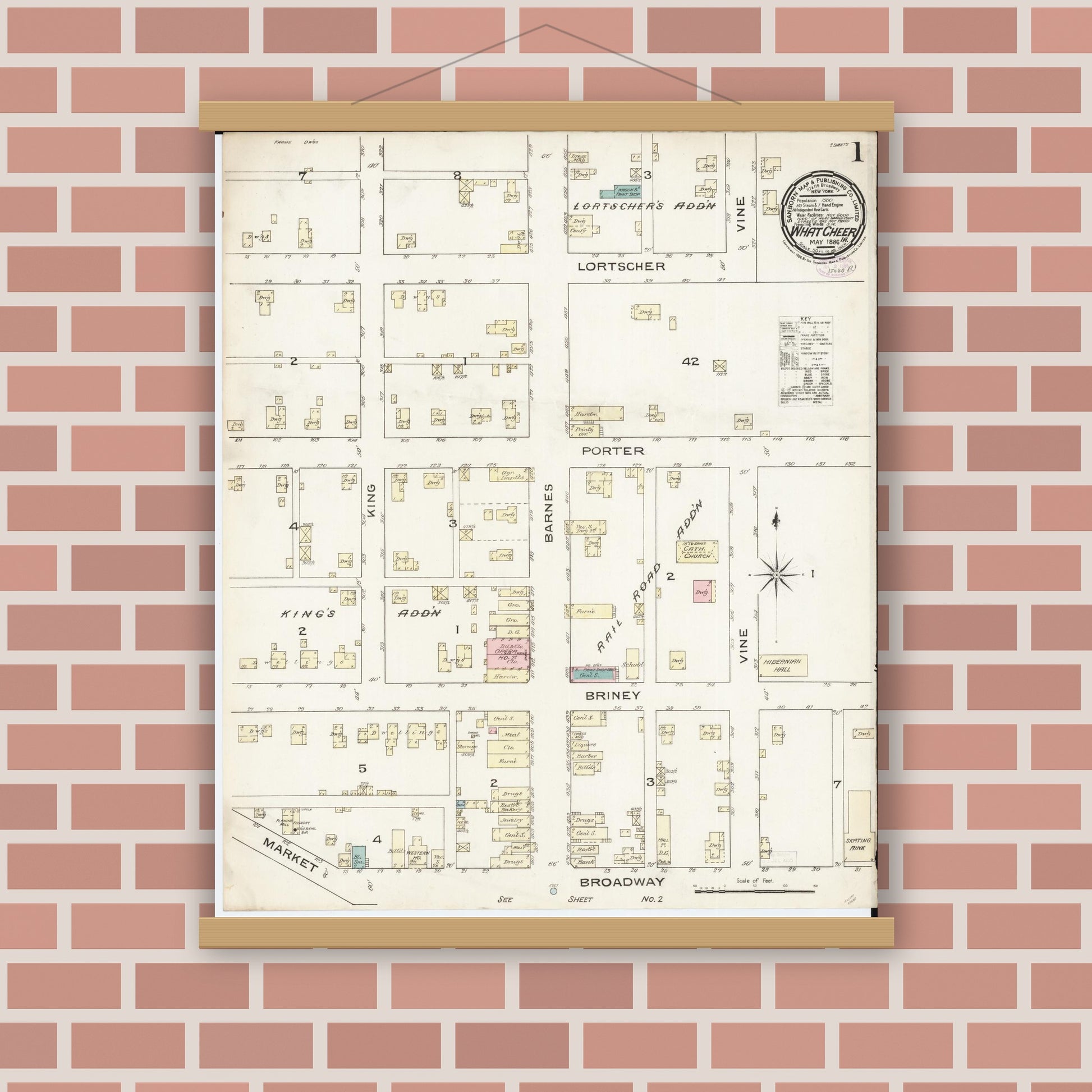 Old map wall art mockup — magnetic wood frame on brick wall — Sanborn Fire Insurance Map from What Cheer, Keokuk County, Iowa (1886) â€” Complete Set