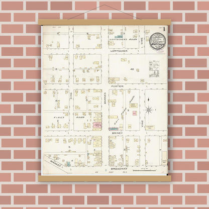 Old map wall art mockup — magnetic wood frame on brick wall — Sanborn Fire Insurance Map from What Cheer, Keokuk County, Iowa (1886) â€” Complete Set
