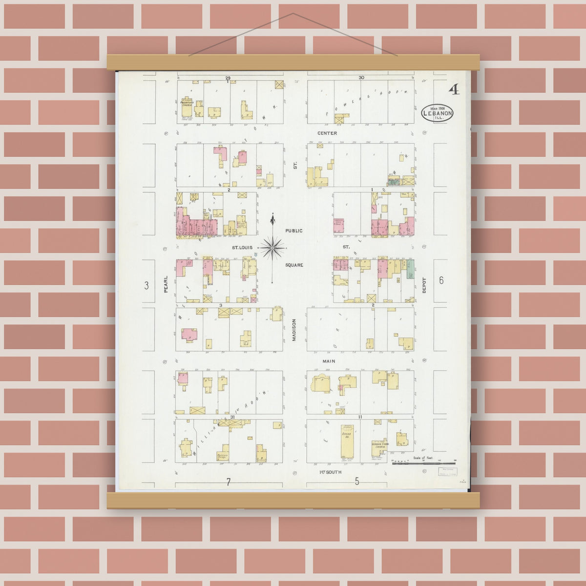 Old map wall art mockup — magnetic wood frame on brick wall — Sanborn Fire Insurance Map from Lebanon, Saint Clair County, Illinois (1906), Sheet #0004