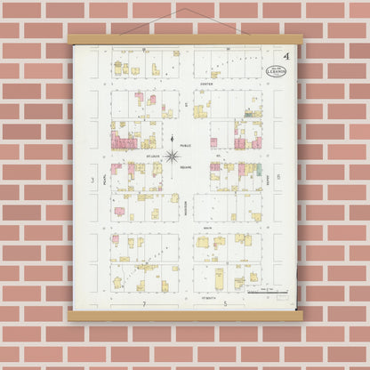 Old map wall art mockup — magnetic wood frame on brick wall — Sanborn Fire Insurance Map from Lebanon, Saint Clair County, Illinois (1906), Sheet #0004