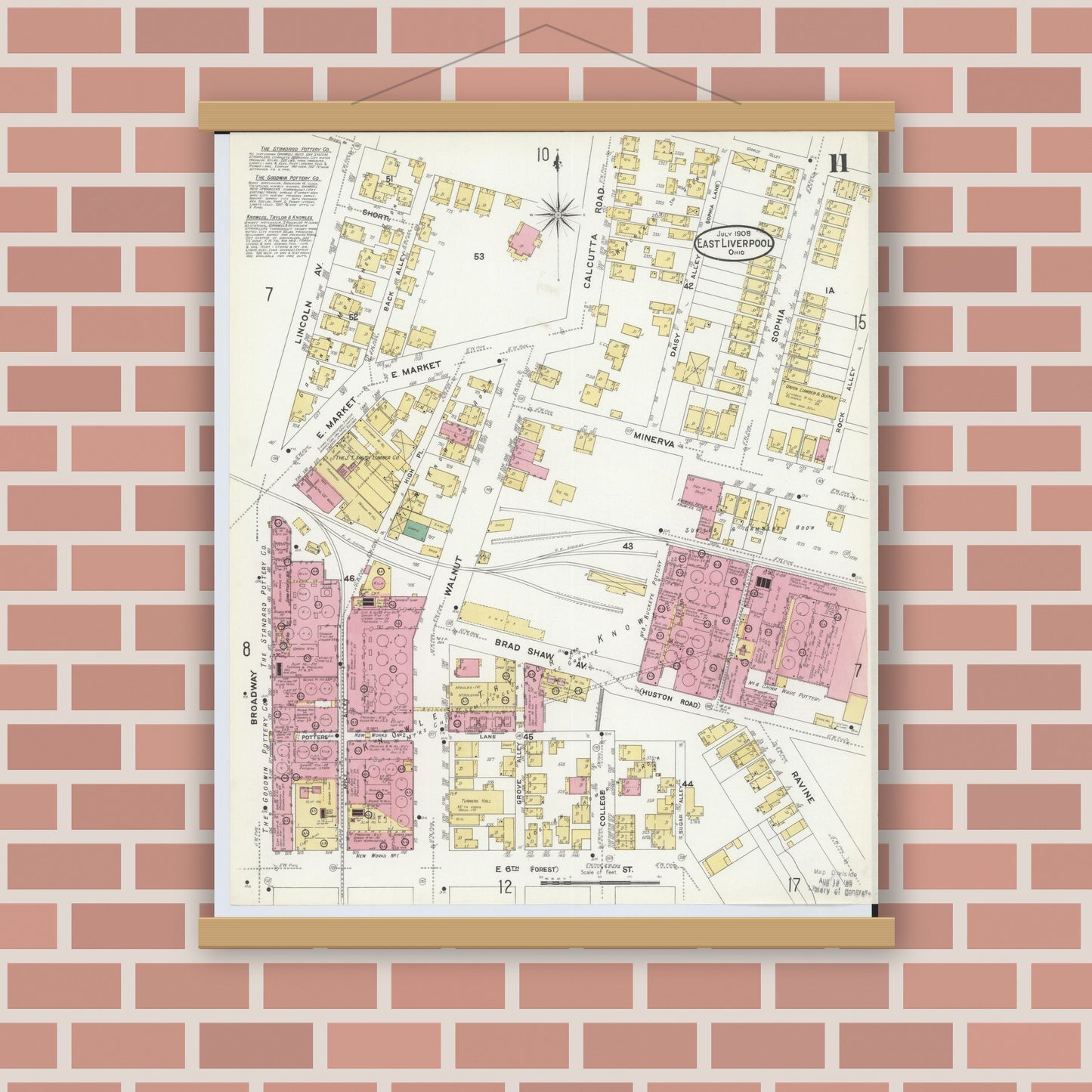 Old map wall art mockup — magnetic wood frame on brick wall — Sanborn Fire Insurance Map from East Liverpool, Columbiana County, Ohio (1908), Sheet #0011