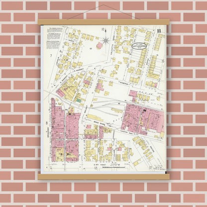 Old map wall art mockup — magnetic wood frame on brick wall — Sanborn Fire Insurance Map from East Liverpool, Columbiana County, Ohio (1908), Sheet #0011