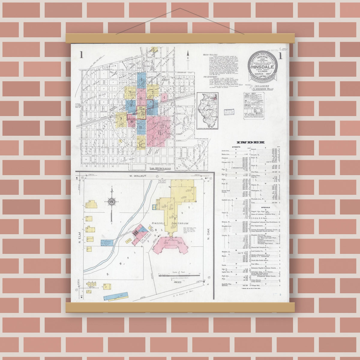 Old map wall art mockup — magnetic wood frame on brick wall — Sanborn Fire Insurance Map from Hinsdale, Du Page And Cook Counties, Illinois (1927) - Complete Map Set