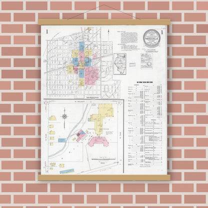 Old map wall art mockup — magnetic wood frame on brick wall — Sanborn Fire Insurance Map from Hinsdale, Du Page And Cook Counties, Illinois (1927) - Complete Map Set