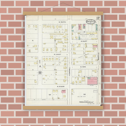 Old map wall art mockup — magnetic wood frame on brick wall — Sanborn Fire Insurance Map from Springfield, Greene County, Missouri (1891), Sheet #0017