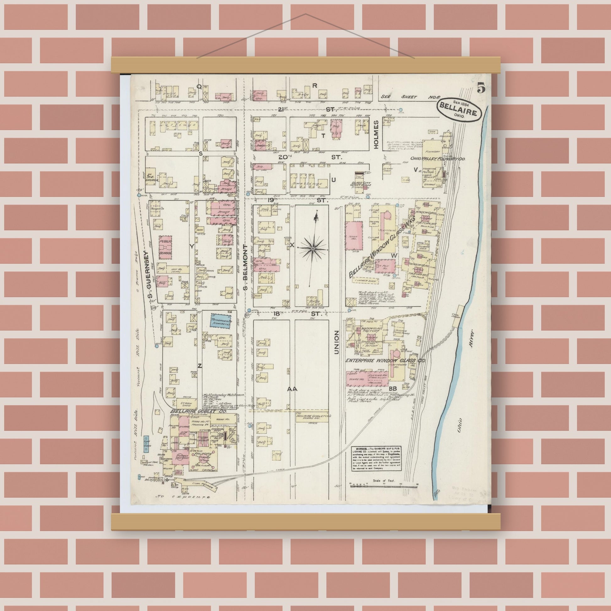 Old map wall art mockup — magnetic wood frame on brick wall — Sanborn Fire Insurance Map from Bellaire, Belmont County, Ohio (1884), Sheet #0005