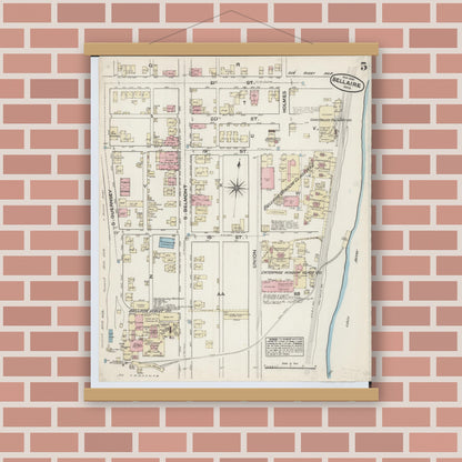 Old map wall art mockup — magnetic wood frame on brick wall — Sanborn Fire Insurance Map from Bellaire, Belmont County, Ohio (1884), Sheet #0005