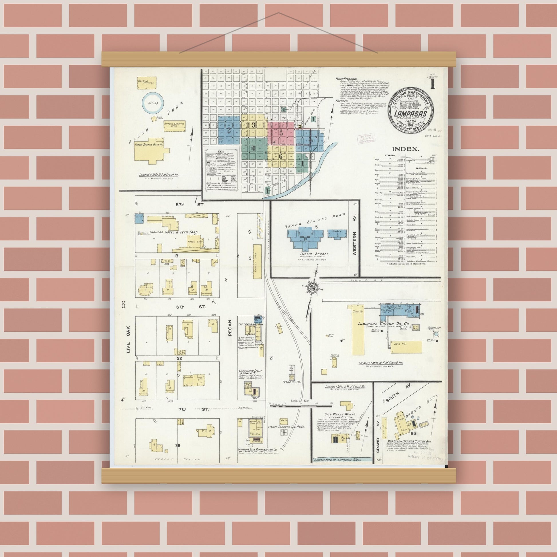 Old map wall art mockup — magnetic wood frame on brick wall — Sanborn Fire Insurance Map from Lampasas, Lampasas County, Texas (1912), Sheet #0001