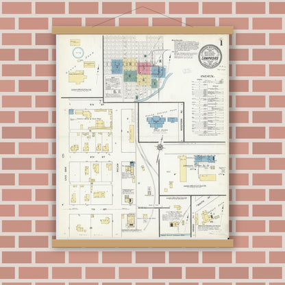 Old map wall art mockup — magnetic wood frame on brick wall — Sanborn Fire Insurance Map from Lampasas, Lampasas County, Texas (1912), Sheet #0001