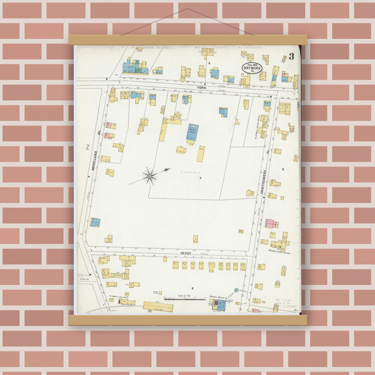 Old map wall art mockup — magnetic wood frame on brick wall — Sanborn Fire Insurance Map from Hatboro, Montgomery County, Pennsylvania (1905), Sheet #0003