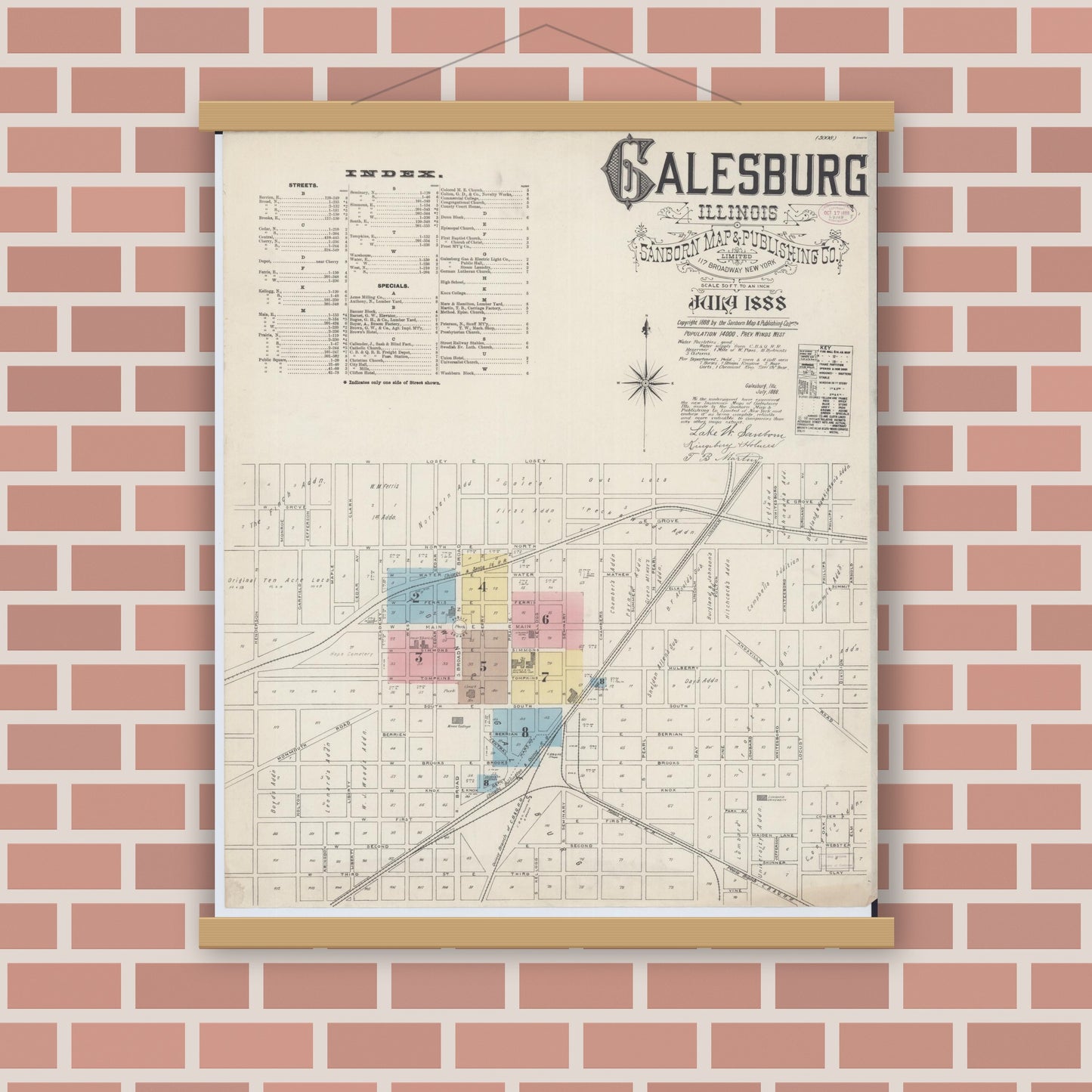 Old map wall art mockup — magnetic wood frame on brick wall — Sanborn Fire Insurance Map from Galesburg, Knox County, Illinois (1888), Sheet #0001