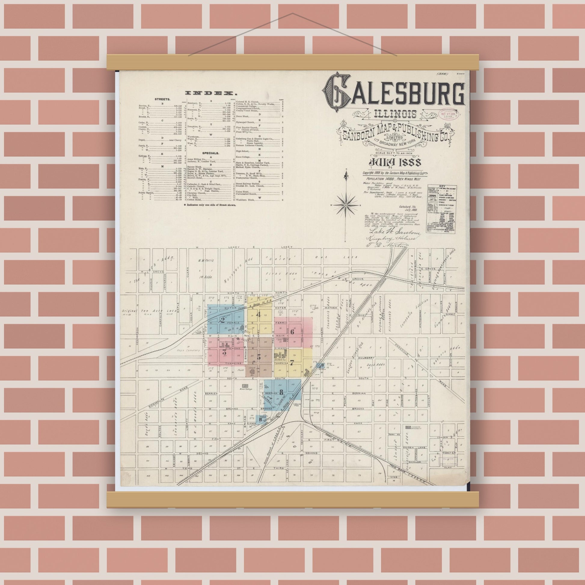 Old map wall art mockup — magnetic wood frame on brick wall — Sanborn Fire Insurance Map from Galesburg, Knox County, Illinois (1888), Sheet #0001