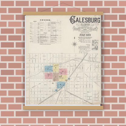 Old map wall art mockup — magnetic wood frame on brick wall — Sanborn Fire Insurance Map from Galesburg, Knox County, Illinois (1888), Sheet #0001