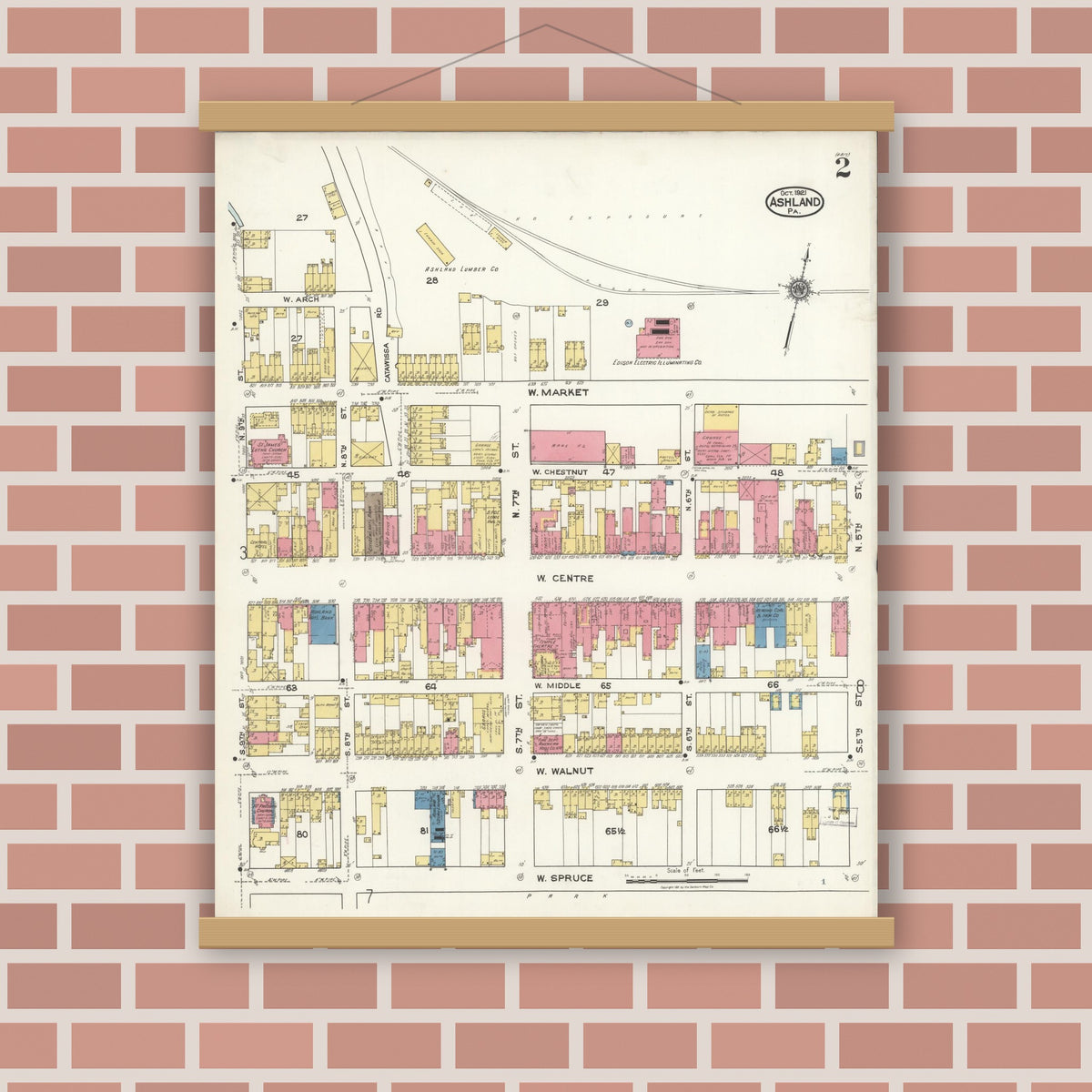 Old map wall art mockup — magnetic wood frame on brick wall — Sanborn Fire Insurance Map from Ashland, Schuylkill County, Pennsylvania (1921), Sheet #0002