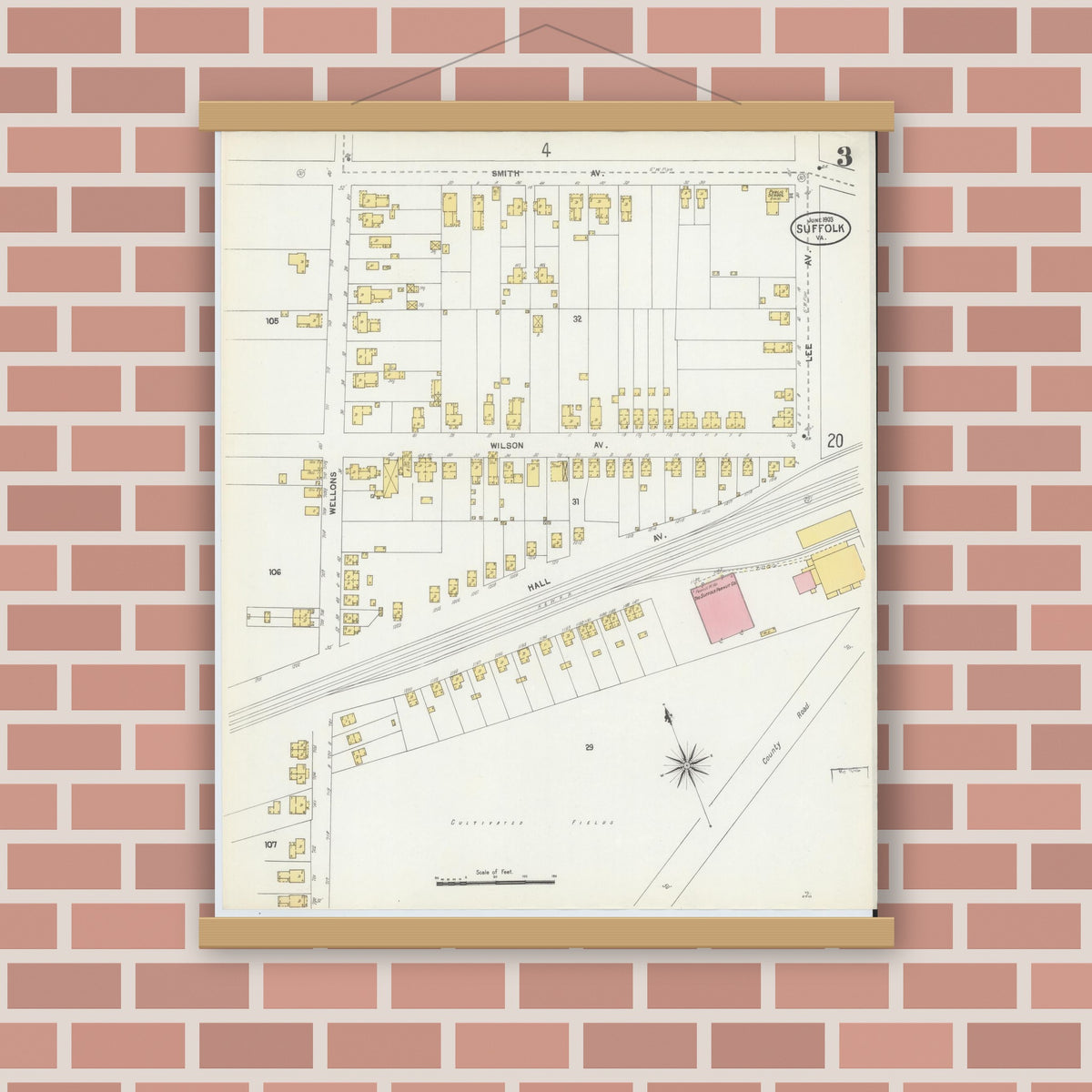 Old map wall art mockup — magnetic wood frame on brick wall — Sanborn Fire Insurance Map from Suffolk, Independent Cities, Virginia (1903), Sheet #0003