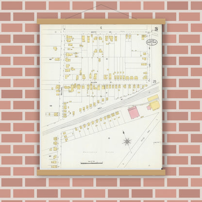 Old map wall art mockup — magnetic wood frame on brick wall — Sanborn Fire Insurance Map from Suffolk, Independent Cities, Virginia (1903), Sheet #0003