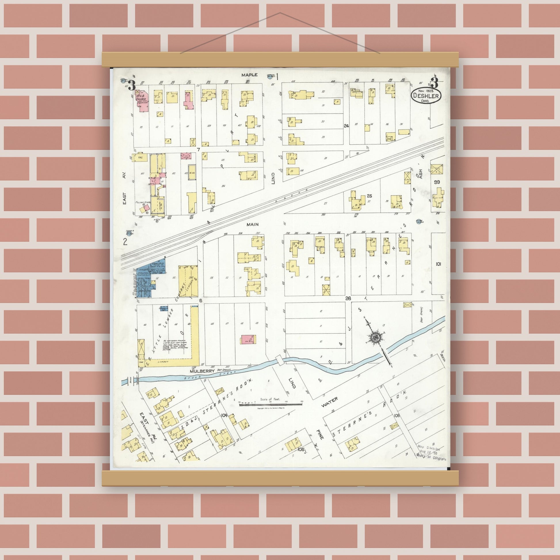 Old map wall art mockup — magnetic wood frame on brick wall — Sanborn Fire Insurance Map from Deshler, Henry County, Ohio (1923), Sheet #0003