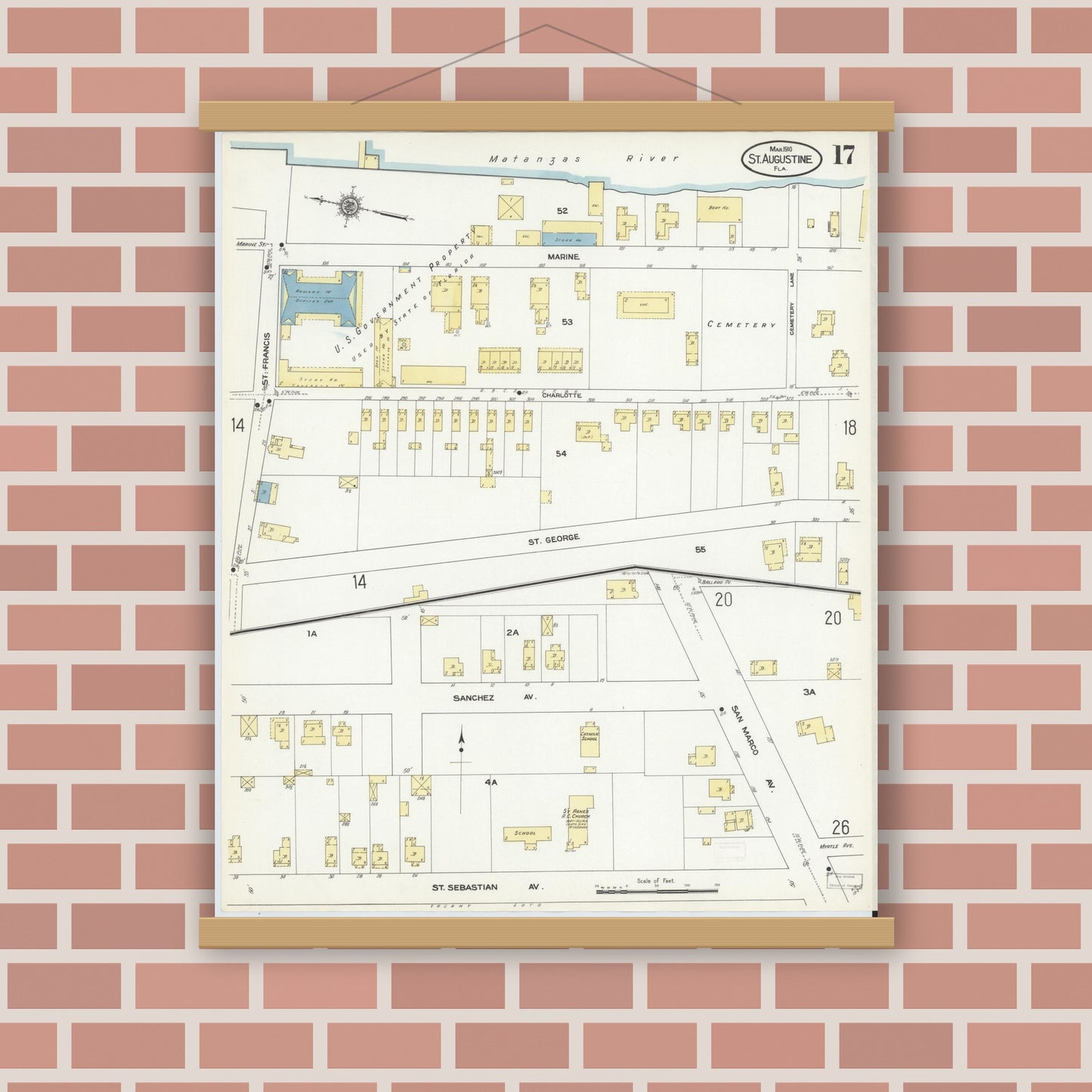 Old map wall art mockup — magnetic wood frame on brick wall — Sanborn Fire Insurance Map from Saint Augustine, Saint John's County, Florida (1910), Sheet #0017