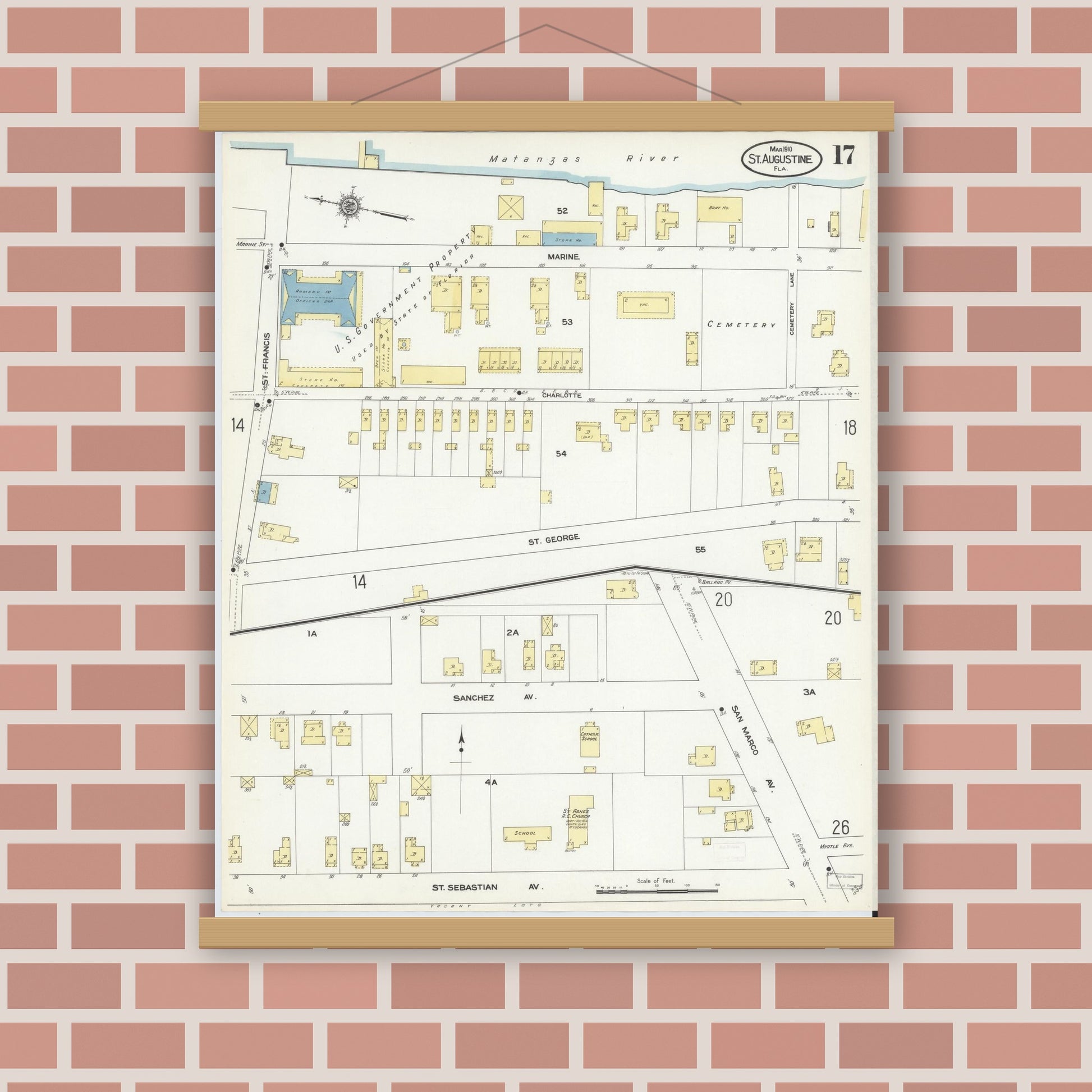 Old map wall art mockup — magnetic wood frame on brick wall — Sanborn Fire Insurance Map from Saint Augustine, Saint John's County, Florida (1910), Sheet #0017