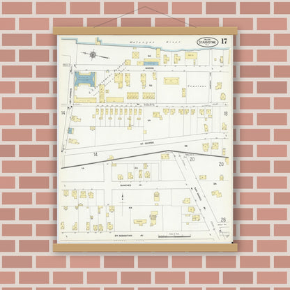 Old map wall art mockup — magnetic wood frame on brick wall — Sanborn Fire Insurance Map from Saint Augustine, Saint John's County, Florida (1910), Sheet #0017