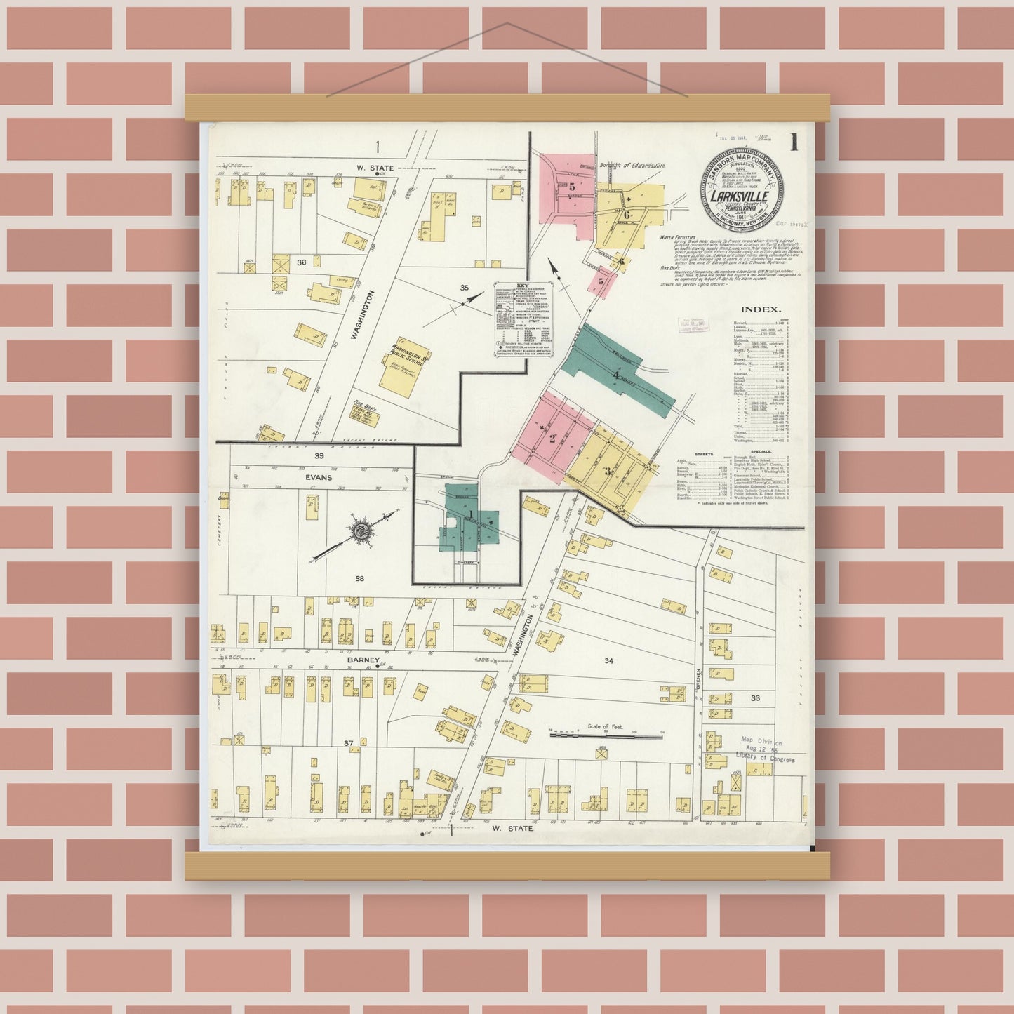 Old map wall art mockup — magnetic wood frame on brick wall — Sanborn Fire Insurance Map from Larksville, Luzerne County, Pennsylvania (1911) - Complete Map Set