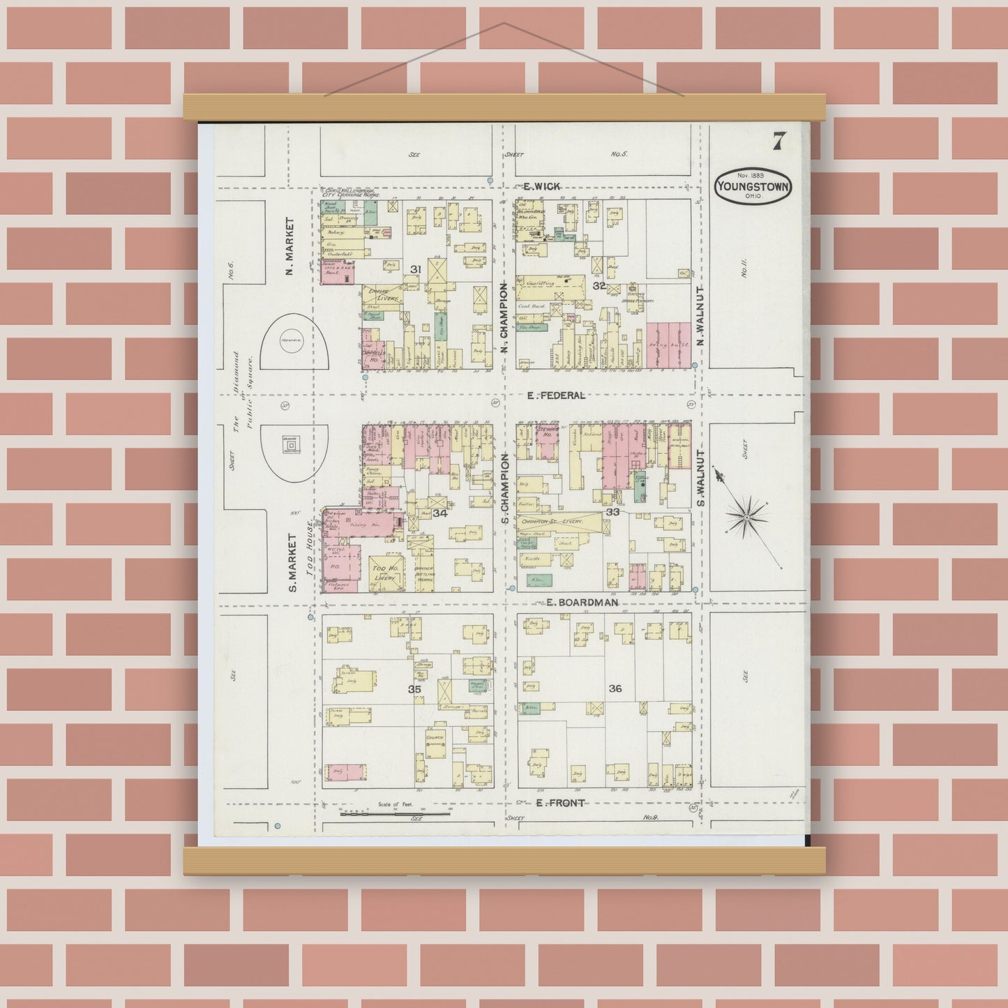 Old map wall art mockup — magnetic wood frame on brick wall — Sanborn Fire Insurance Map from Youngstown, Mahoning County, Ohio (1889), Sheet #0007