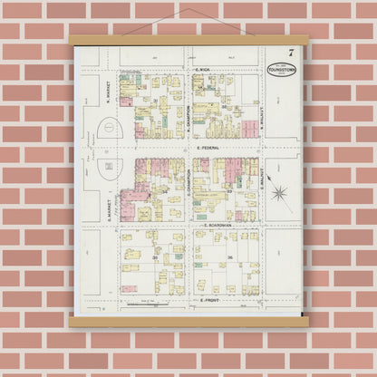 Old map wall art mockup — magnetic wood frame on brick wall — Sanborn Fire Insurance Map from Youngstown, Mahoning County, Ohio (1889), Sheet #0007