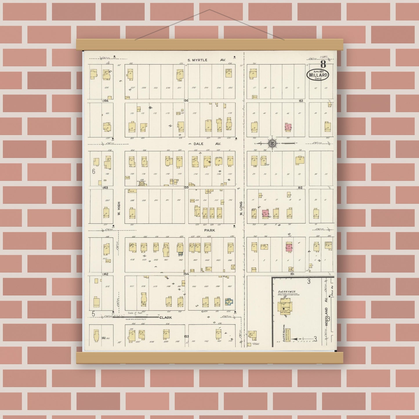 Old map wall art mockup — magnetic wood frame on brick wall — Sanborn Fire Insurance Map from Willard, Huron County, Ohio (1922), Sheet #0008