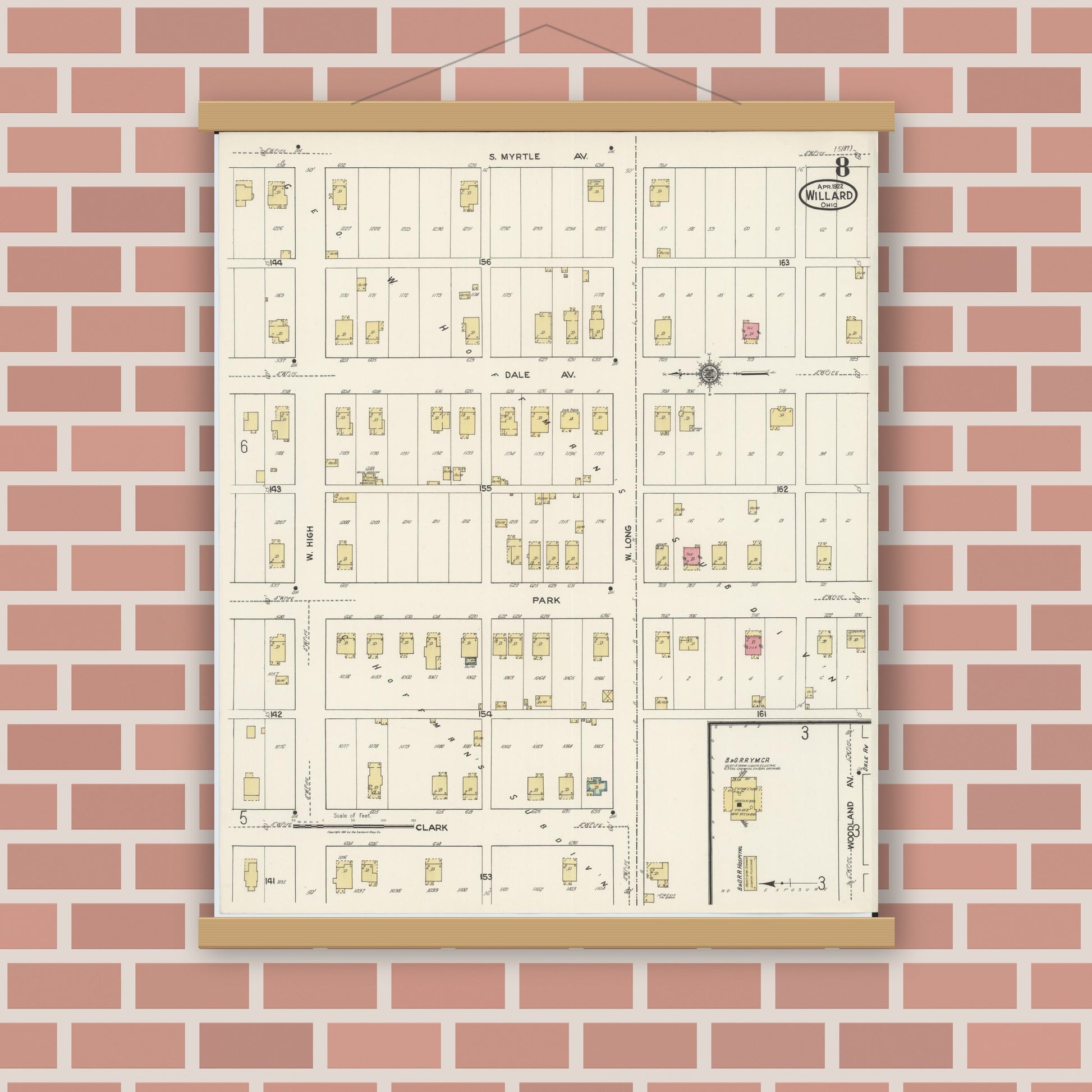 Old map wall art mockup — magnetic wood frame on brick wall — Sanborn Fire Insurance Map from Willard, Huron County, Ohio (1922), Sheet #0008