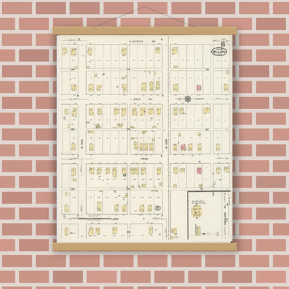 Old map wall art mockup — magnetic wood frame on brick wall — Sanborn Fire Insurance Map from Willard, Huron County, Ohio (1922), Sheet #0008
