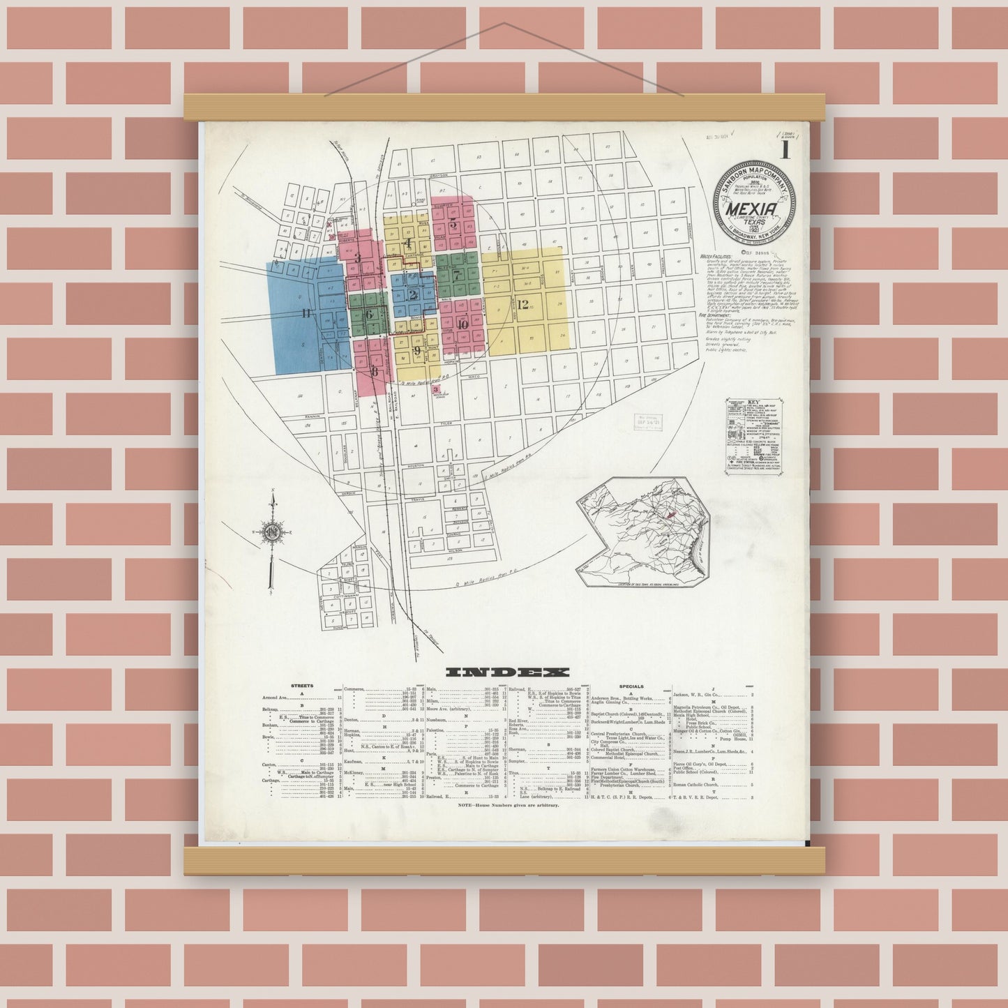Old map wall art mockup — magnetic wood frame on brick wall — Sanborn Fire Insurance Map from Mexia, Limestone County, Texas (1921) - Complete Map Set
