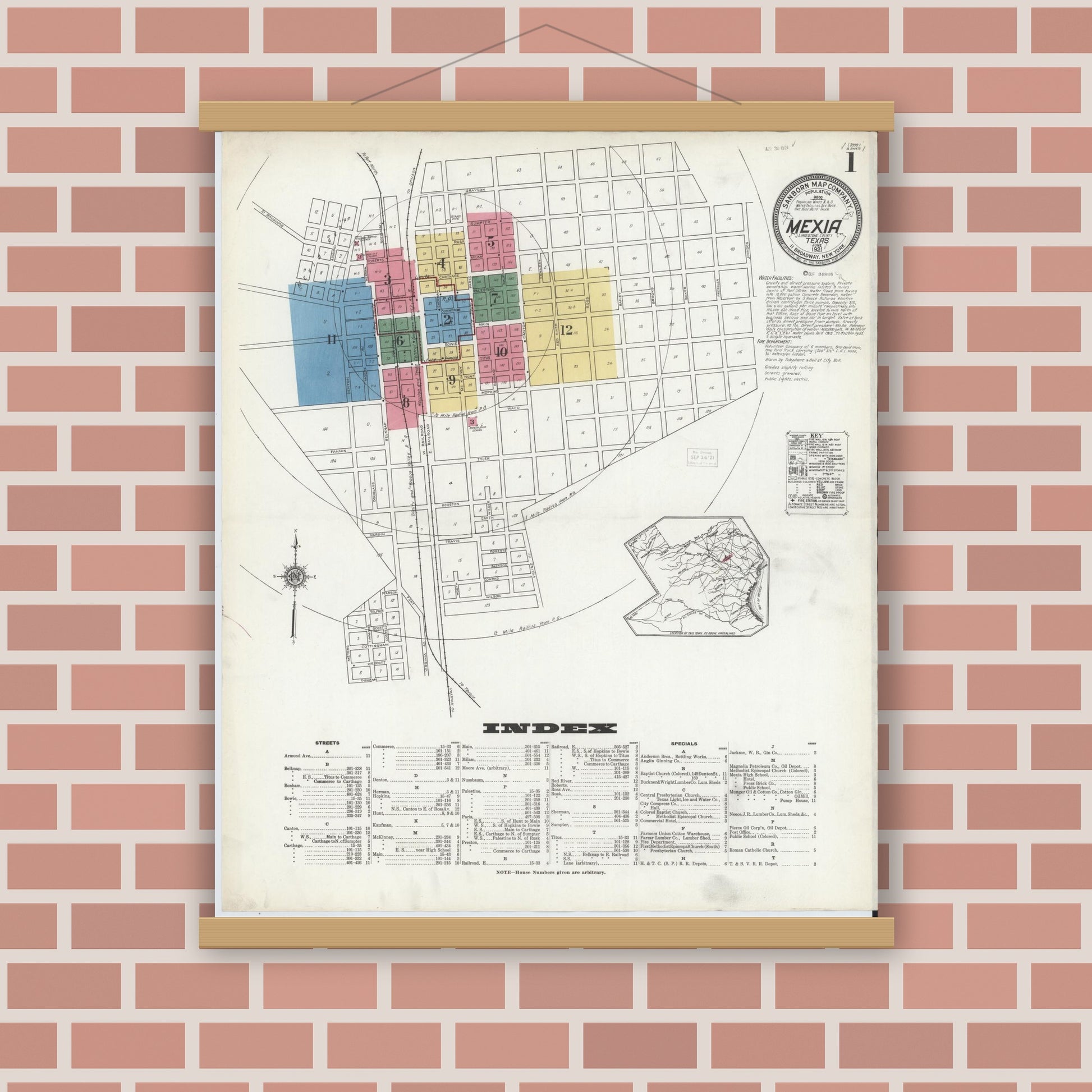 Old map wall art mockup — magnetic wood frame on brick wall — Sanborn Fire Insurance Map from Mexia, Limestone County, Texas (1921) - Complete Map Set