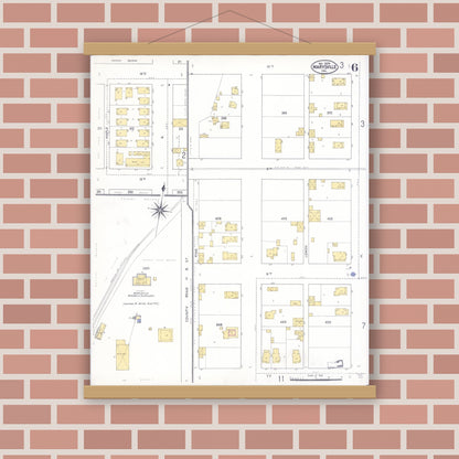 Old map wall art mockup — magnetic wood frame on brick wall — Sanborn Fire Insurance Map from Marysville, Yuba County, California (1909), Sheet #0006