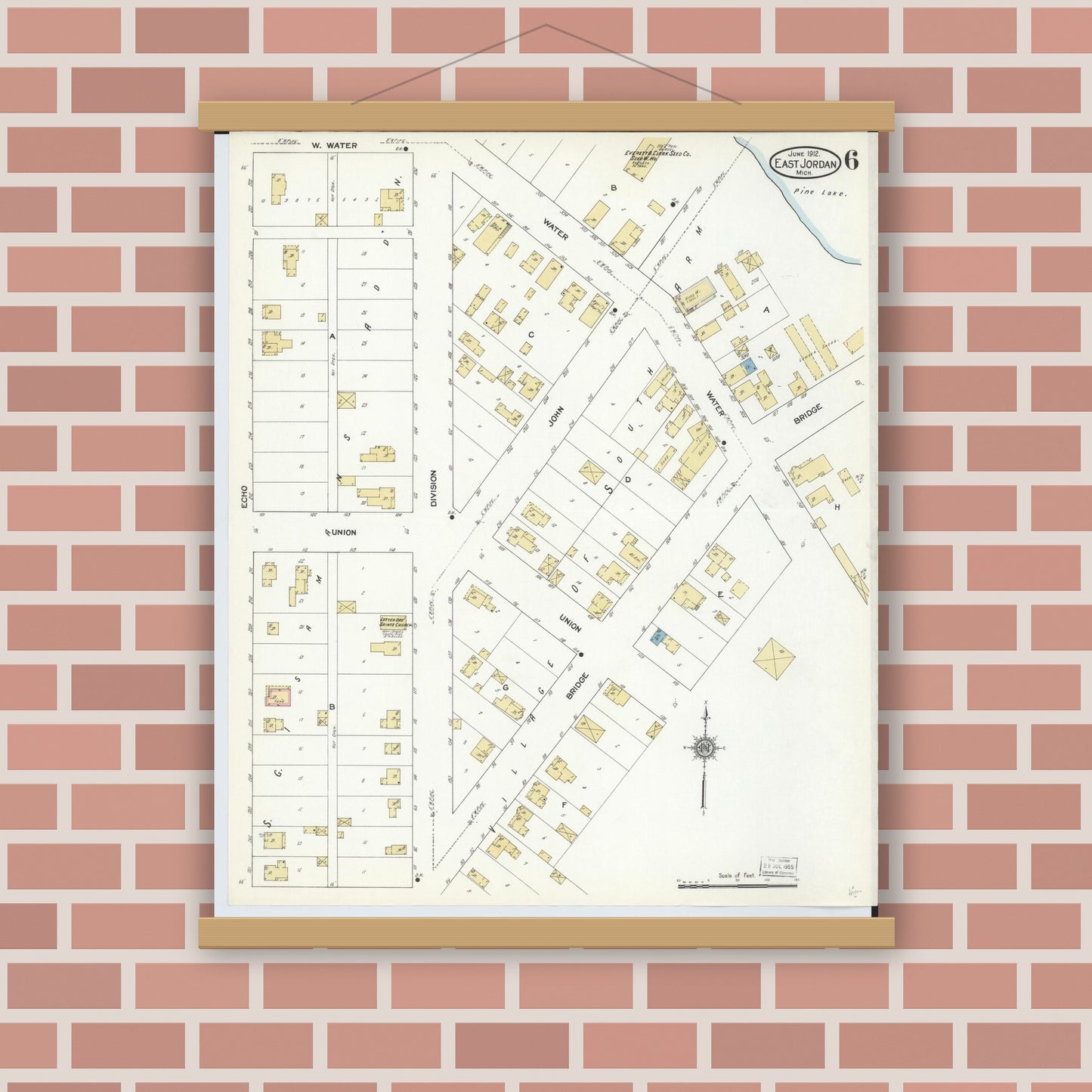 Old map wall art mockup — magnetic wood frame on brick wall — Sanborn Fire Insurance Map from East Jordan, Charlevoix County, Michigan (1912), Sheet #0006