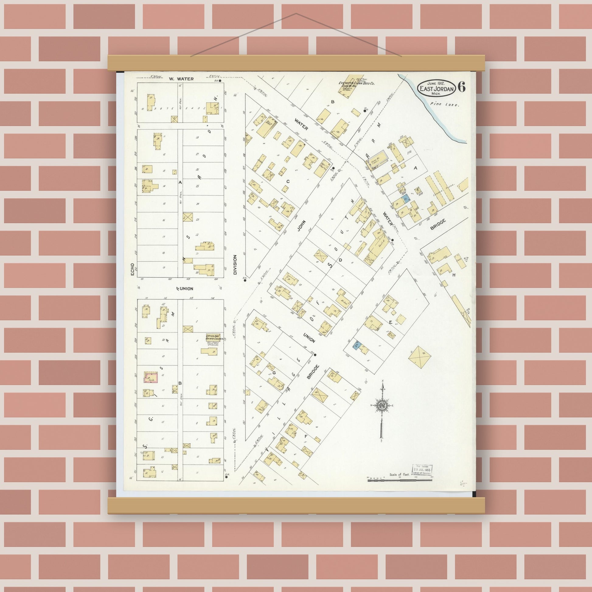 Old map wall art mockup — magnetic wood frame on brick wall — Sanborn Fire Insurance Map from East Jordan, Charlevoix County, Michigan (1912), Sheet #0006