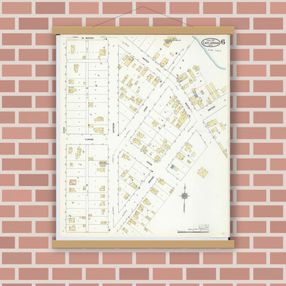 Old map wall art mockup — magnetic wood frame on brick wall — Sanborn Fire Insurance Map from East Jordan, Charlevoix County, Michigan (1912), Sheet #0006