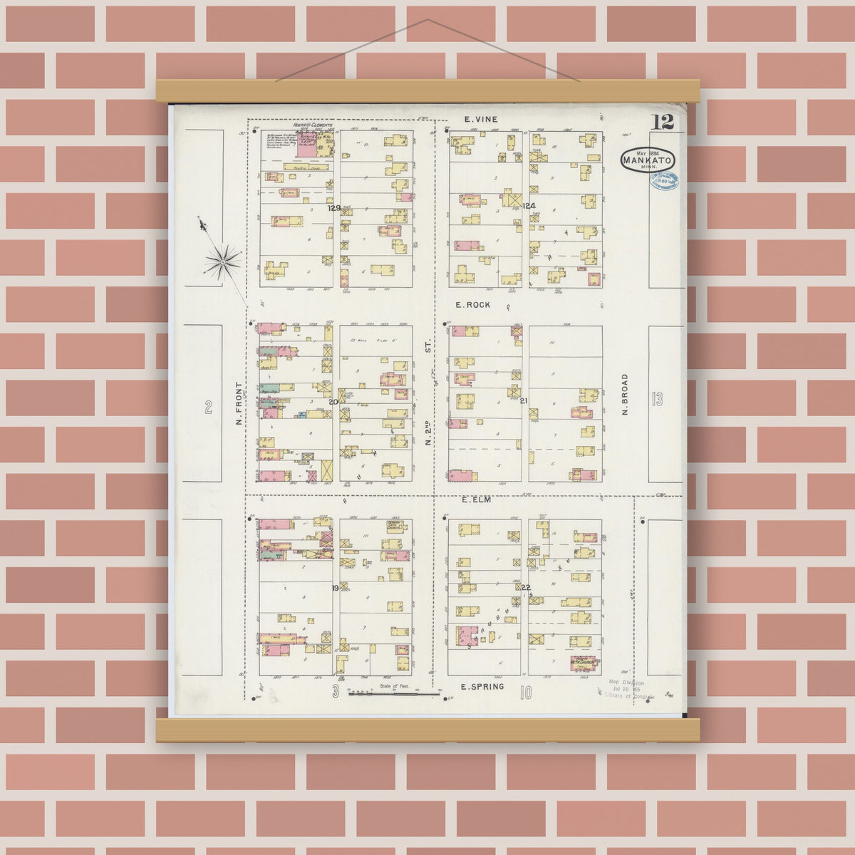 Old map wall art mockup — magnetic wood frame on brick wall — Sanborn Fire Insurance Map from Mankato, Blue Earth County, Minnesota (1894), Sheet #0012