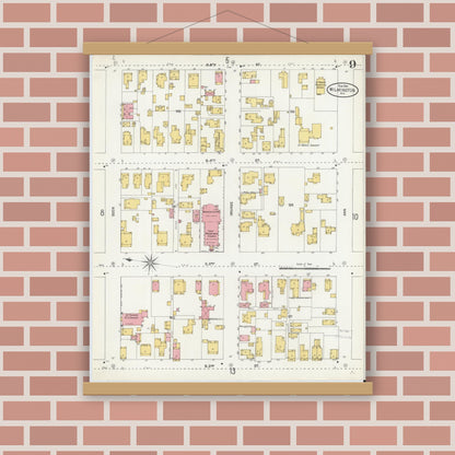 Old map wall art mockup — magnetic wood frame on brick wall — Sanborn Fire Insurance Map from Wilmington, New Hanover County, North Carolina (1904), Sheet #0009