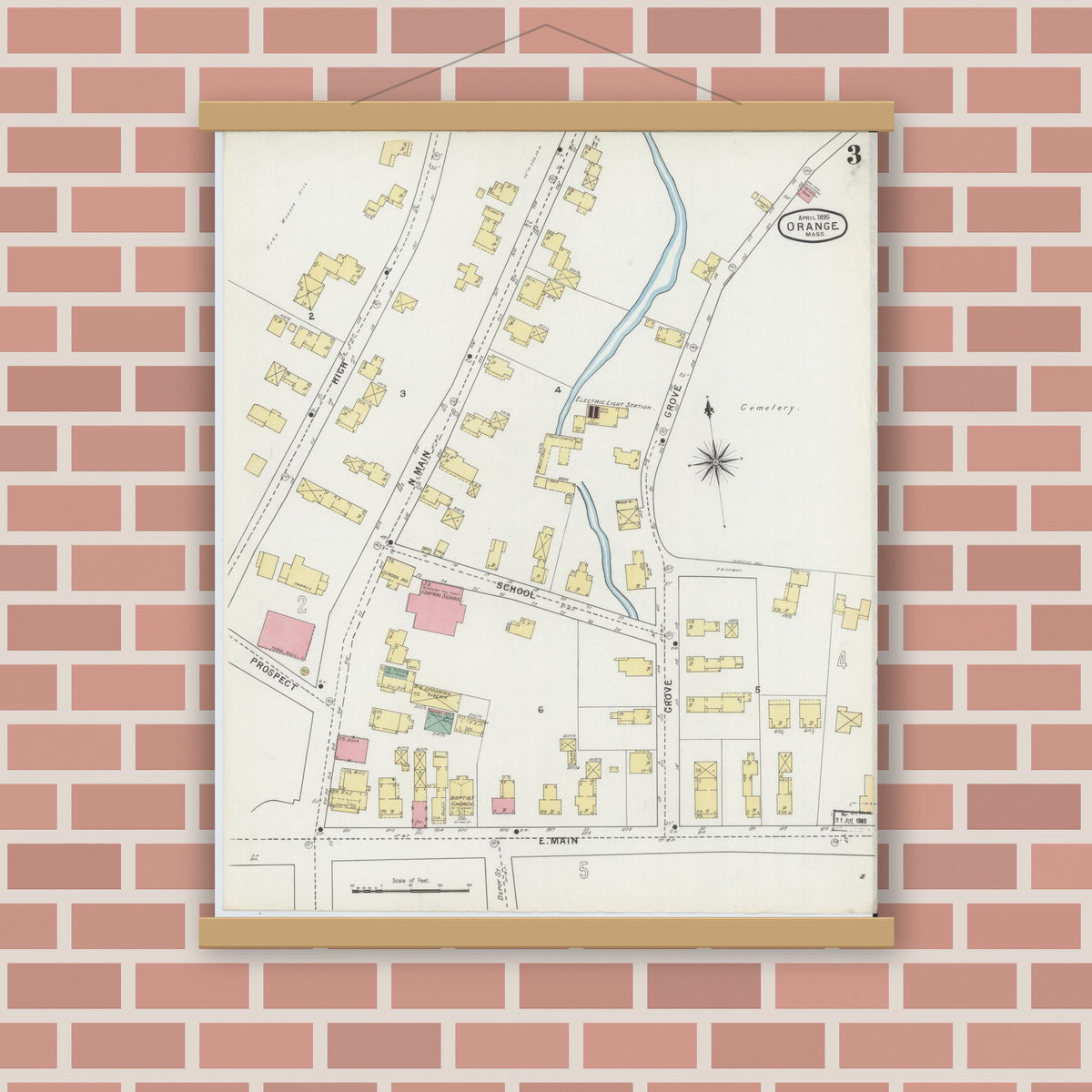Old map wall art mockup — magnetic wood frame on brick wall — Sanborn Fire Insurance Map from Orange, Franklin County, Massachusetts (1895), Sheet #0003