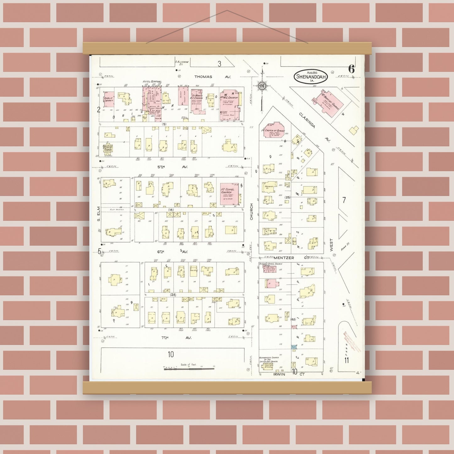 Old map wall art mockup — magnetic wood frame on brick wall — Sanborn Fire Insurance Map from Shenandoah, Page County, Iowa (1914), Sheet #0006