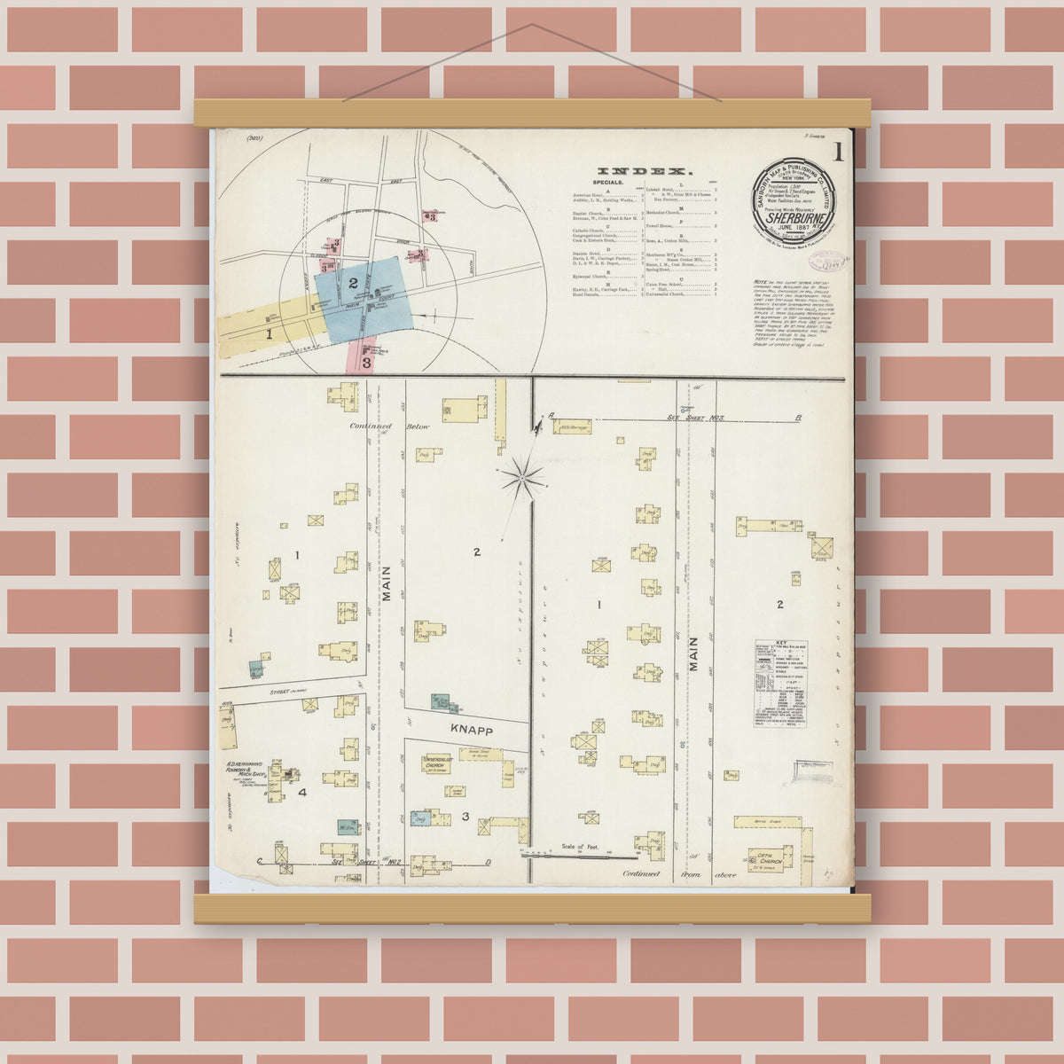Old map wall art mockup — magnetic wood frame on brick wall — Sanborn Fire Insurance Map from Sherburne, Chenango County, New York (1887) - Complete Map Set