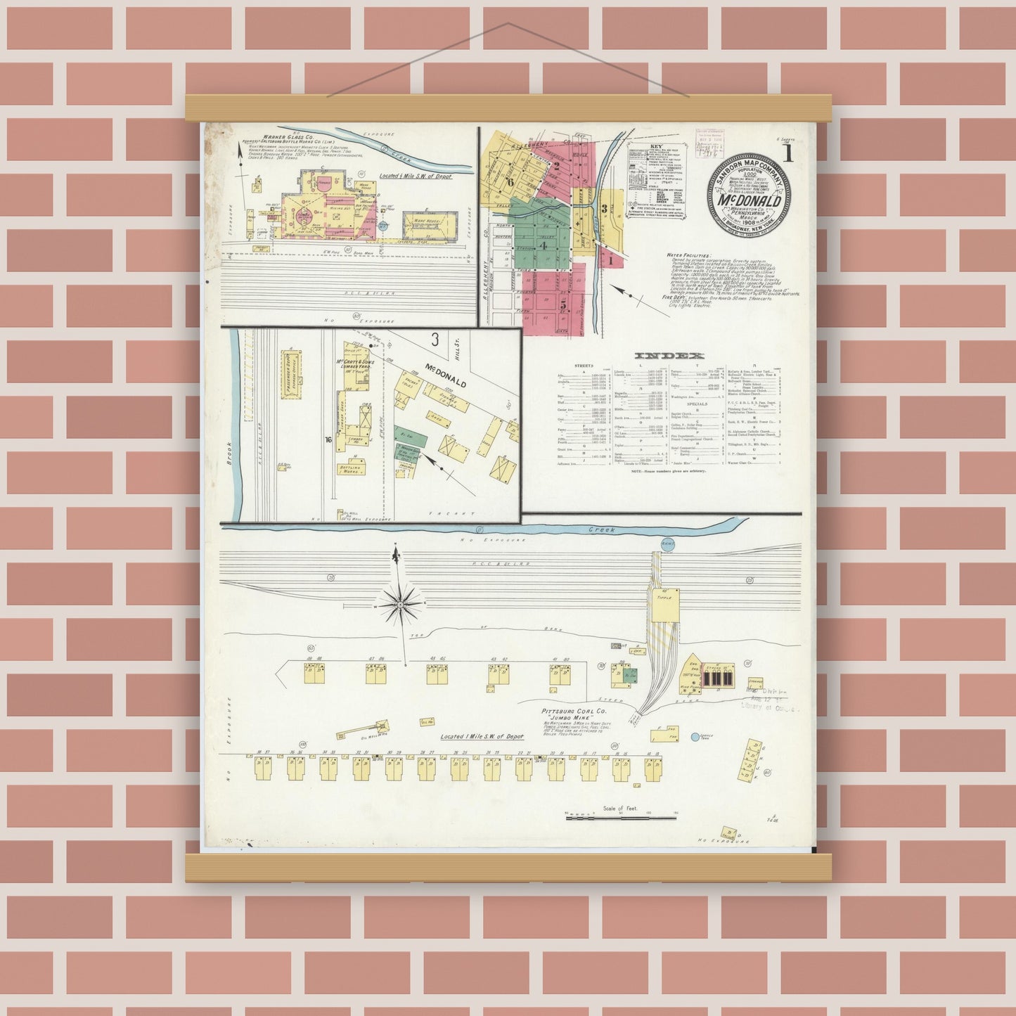 Old map wall art mockup — magnetic wood frame on brick wall — Sanborn Fire Insurance Map from McDonald, Washington County, Pennsylvania (1908) - Complete Map Set