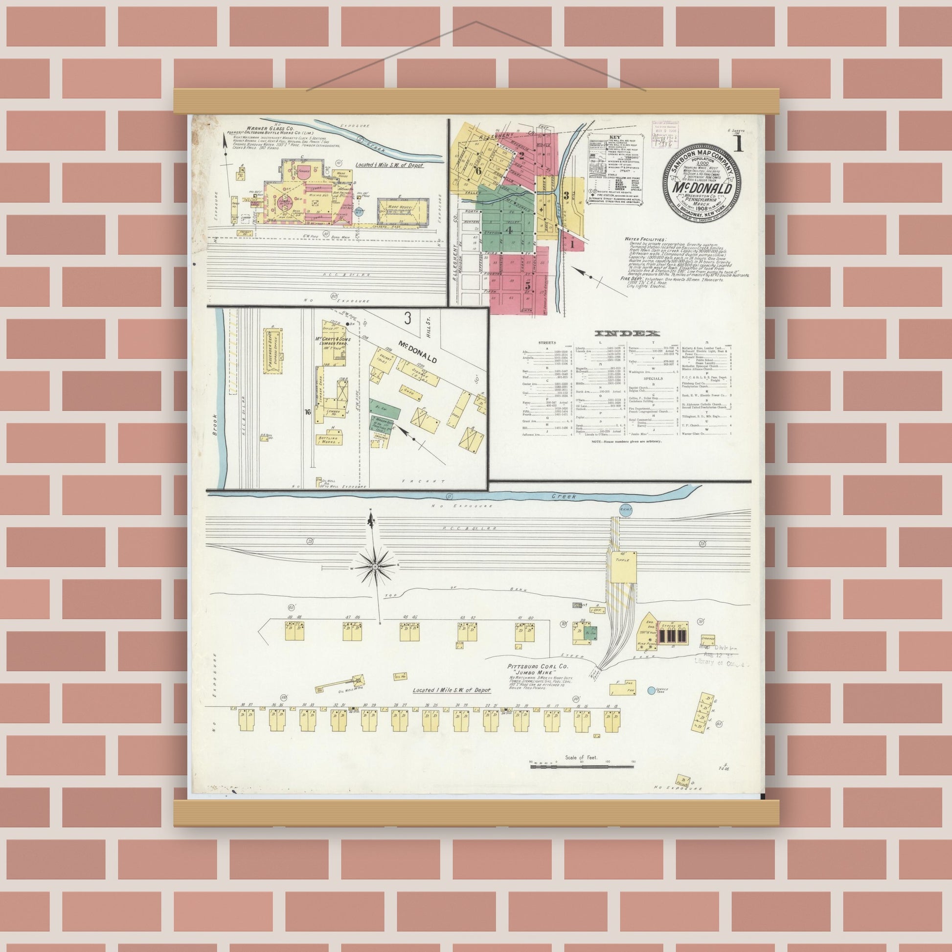 Old map wall art mockup — magnetic wood frame on brick wall — Sanborn Fire Insurance Map from McDonald, Washington County, Pennsylvania (1908) - Complete Map Set