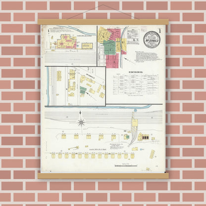 Old map wall art mockup — magnetic wood frame on brick wall — Sanborn Fire Insurance Map from McDonald, Washington County, Pennsylvania (1908) - Complete Map Set
