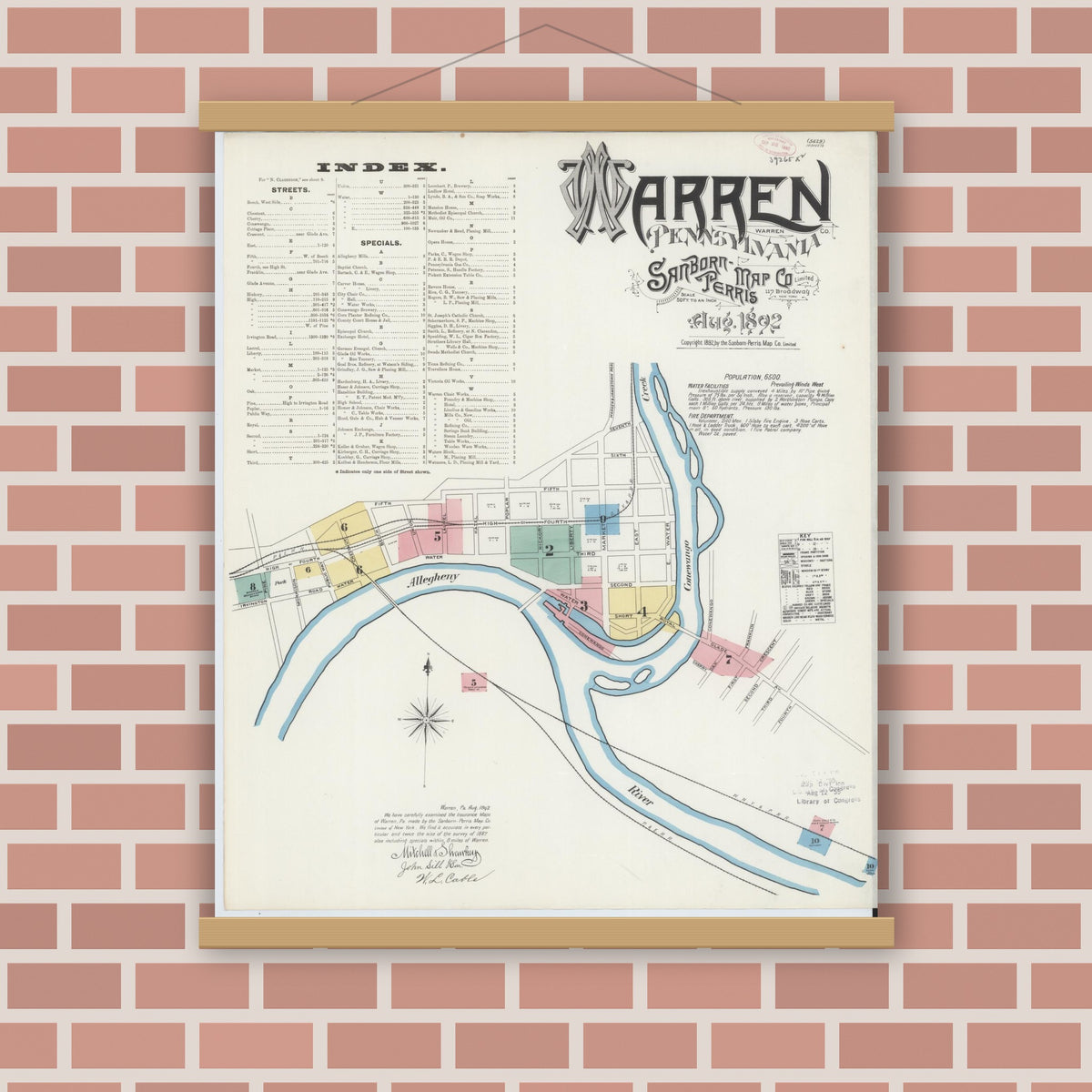 Old map wall art mockup — magnetic wood frame on brick wall — Sanborn Fire Insurance Map from Warren, Warren County, Pennsylvania (1892), Sheet #0001
